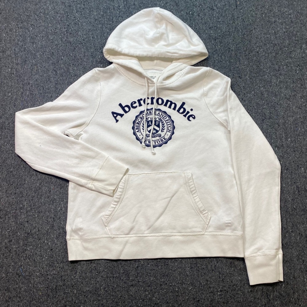 Abercrombie Fitch Hoodie Sz M Womens White Collegiate Crest Logo Pullover TShirt